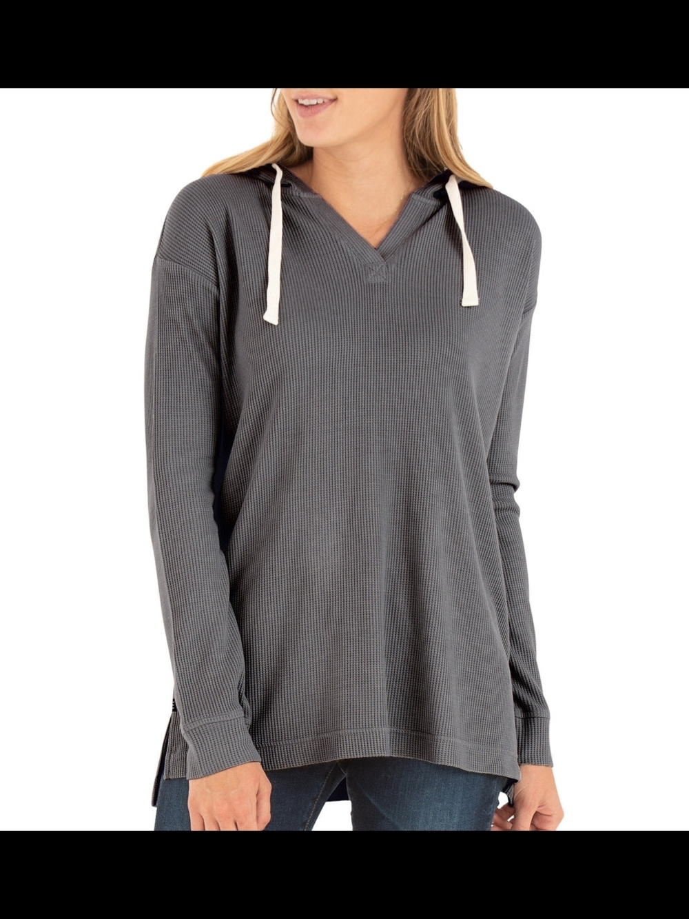 Free Fly Women's Gray Waffle-Knit Hooded Pullover V-neck Small